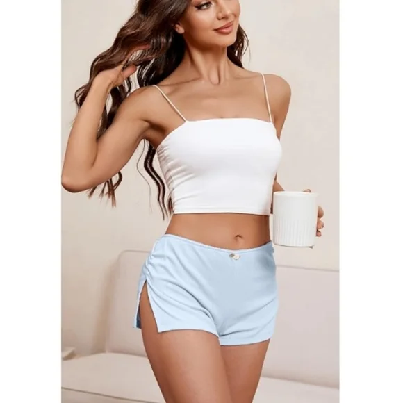Cute Micro Pajamas Shorts Low Rise Side Slit Ruched Shorts Blue - Picture 4 of 7
